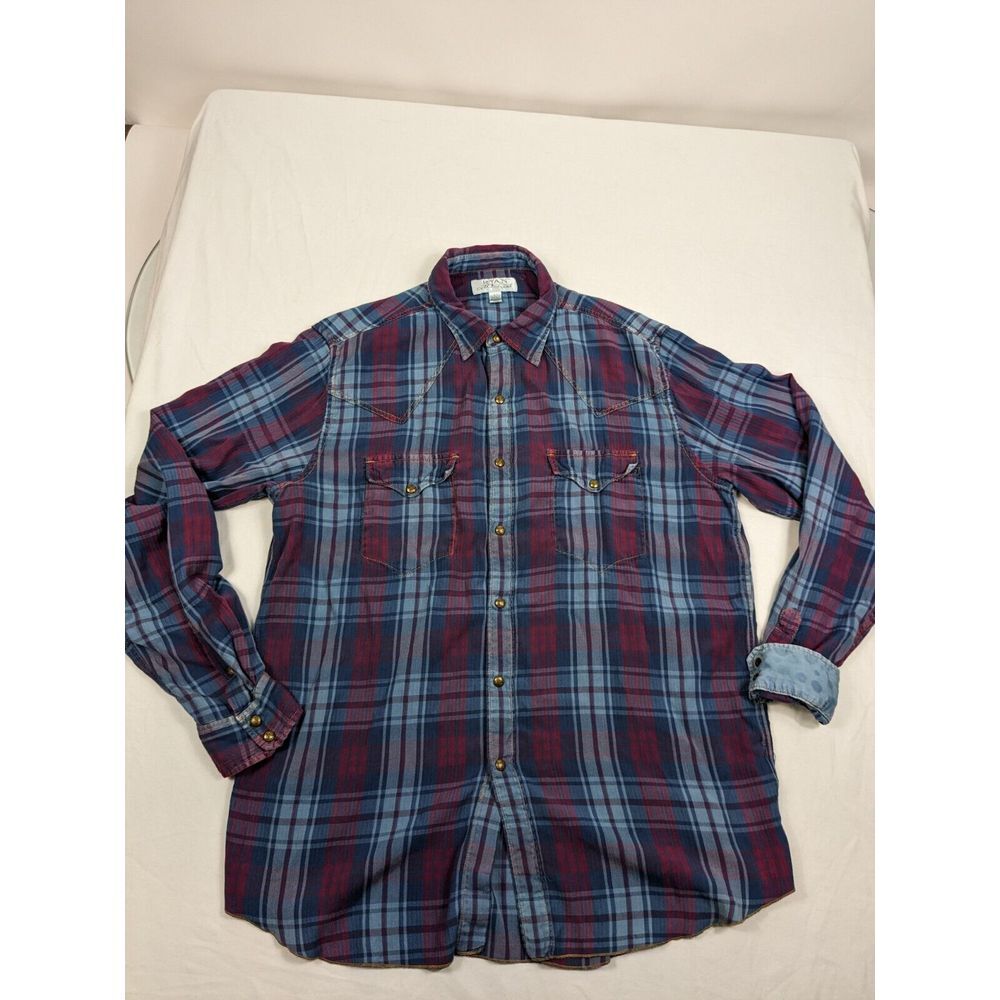 Ryan Michael Shirt Mens Large Red Plaid Silk‎ Blend Western Cowboy Snap Shirt